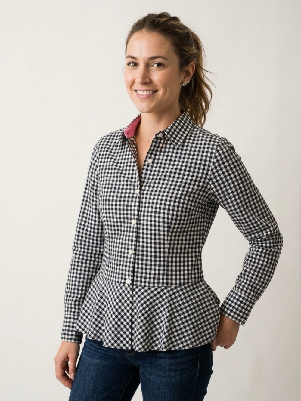 Lauren Ralph Lauren Gingham Peplum Blouse Long Sleeve Button Up Collar Top